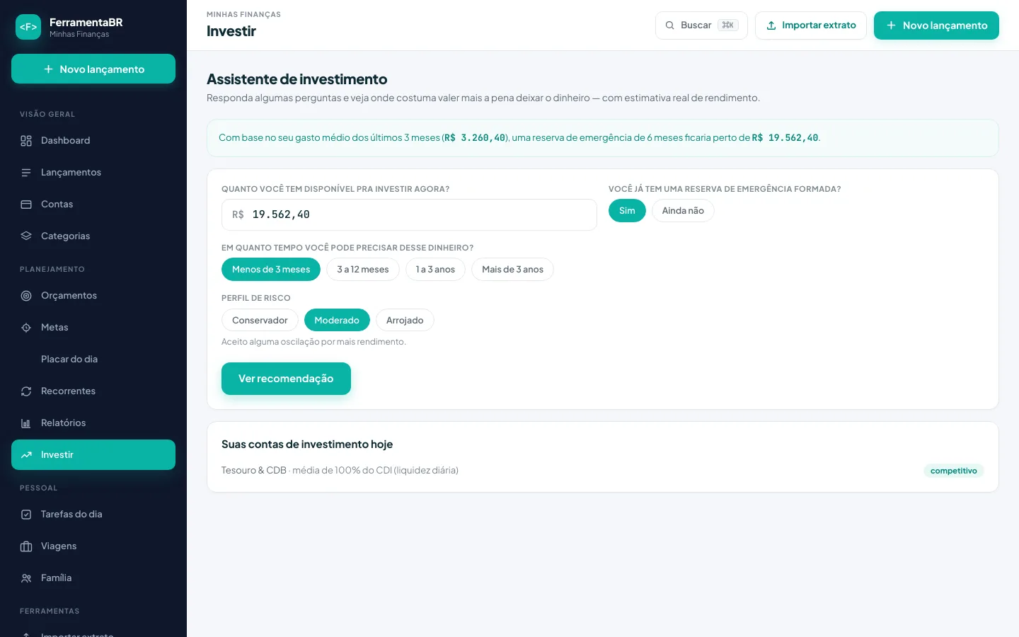 Captura de tela: investir tela geral