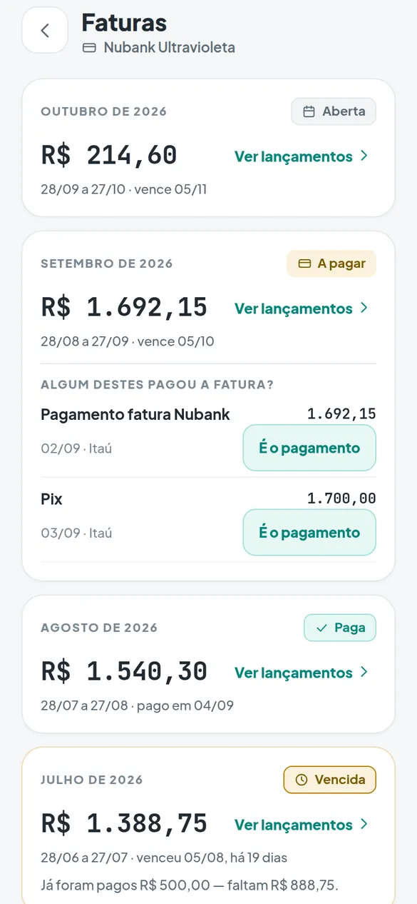Tela Faturas do cartão de crédito, com fatura aberta, a pagar, paga e vencida