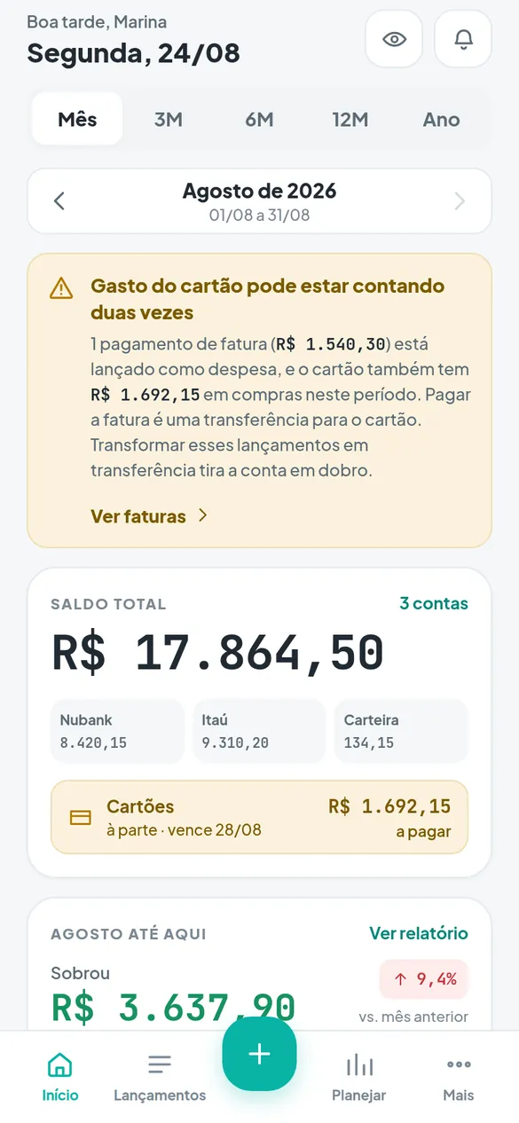 Tela Início do app Minhas Finanças: saldo total, contas e comparação do mês