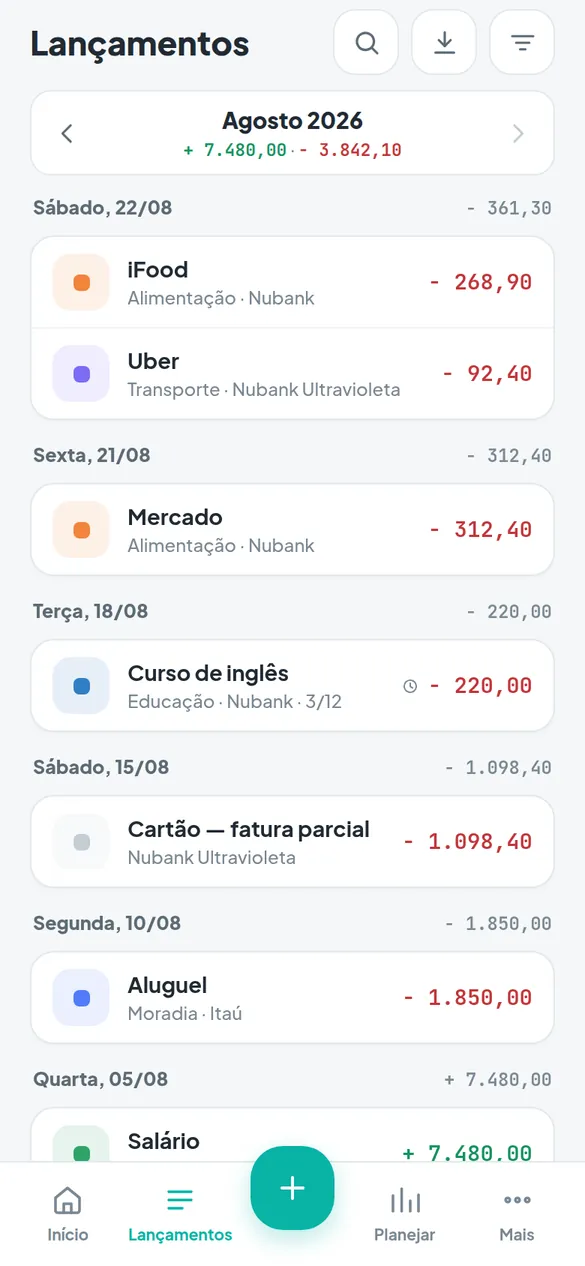 Tela Lançamentos do app, com receitas e despesas do mês agrupadas por dia