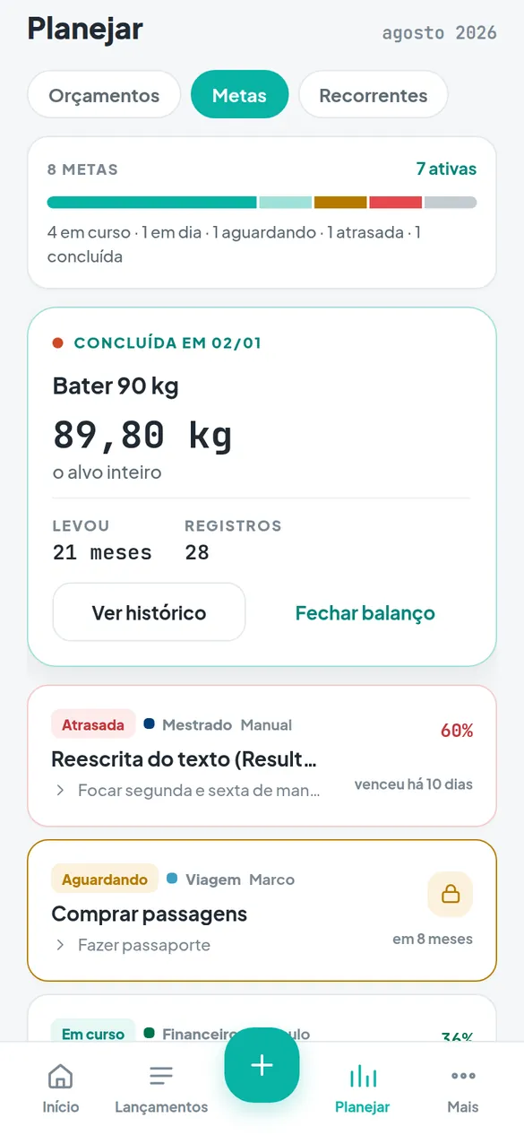 Tela Metas do app, com o progresso das metas em curso, atrasadas e concluídas